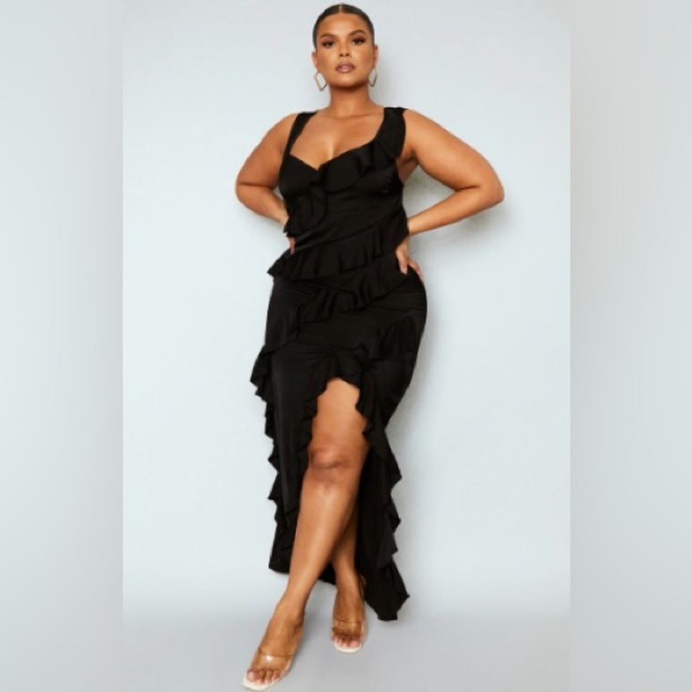 PrettyLittleThing Plus Black Satin Frill Layered Midiaxi Dress